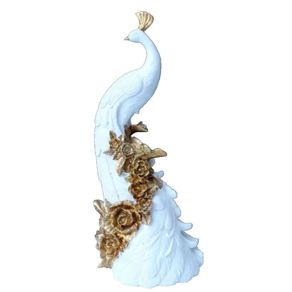 New White Gold Resin MCM Peacock W/ Flowers And Roses State Figure Room Decor - Picture 1 of 2
